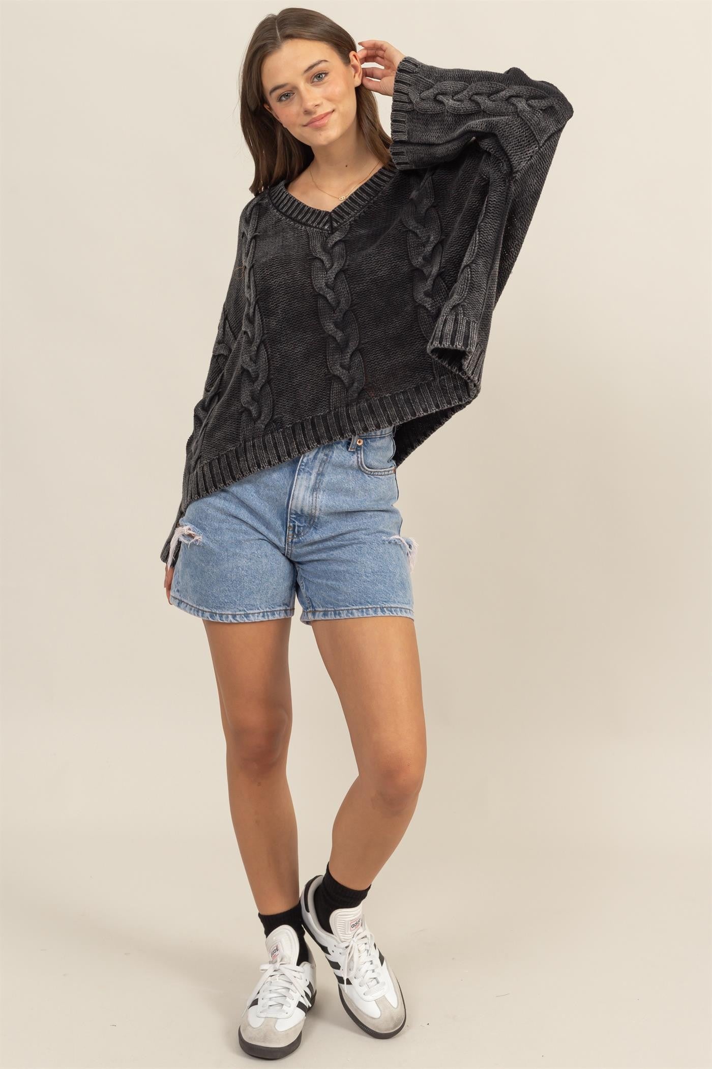 HYFVE Cable Knit V-Neck Dropped Shoulder Oversized Sweater