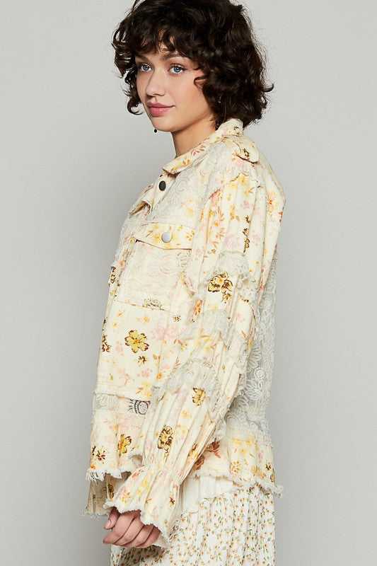 POL Raw Hem Lace Patch Flounce Sleeve Jacket