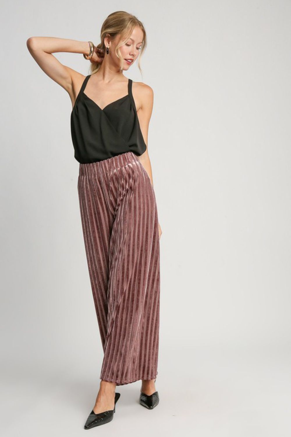 Umgee Full Size Elastic Waist Striped Wide Leg Velvet Pants