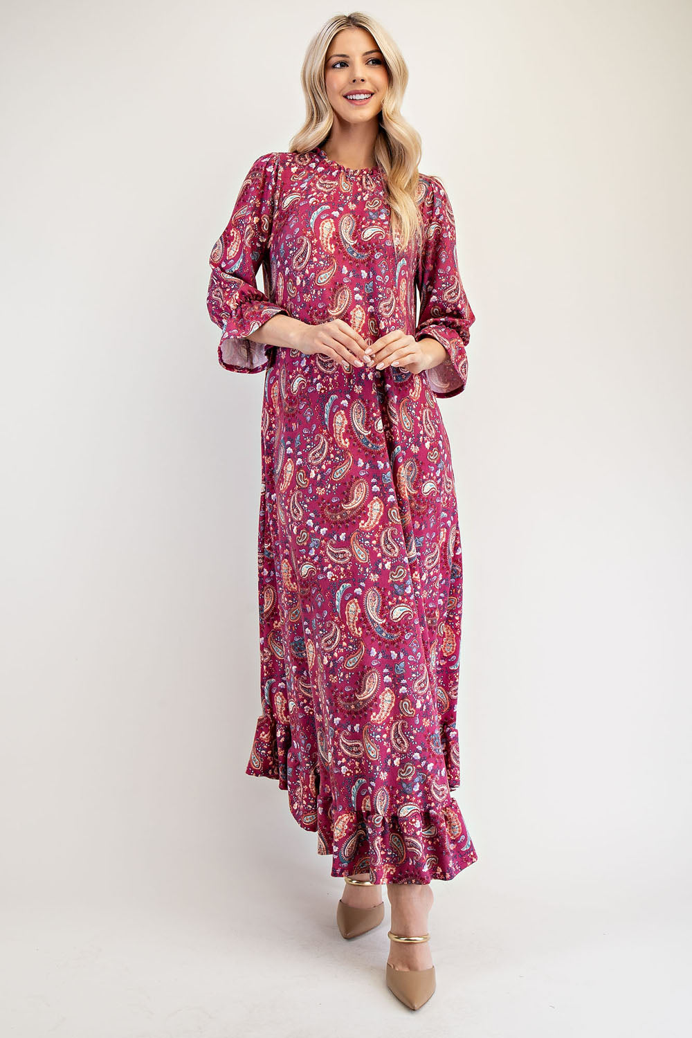 Celeste Full Size Ruffle Hem Paisley Round Neck Dress