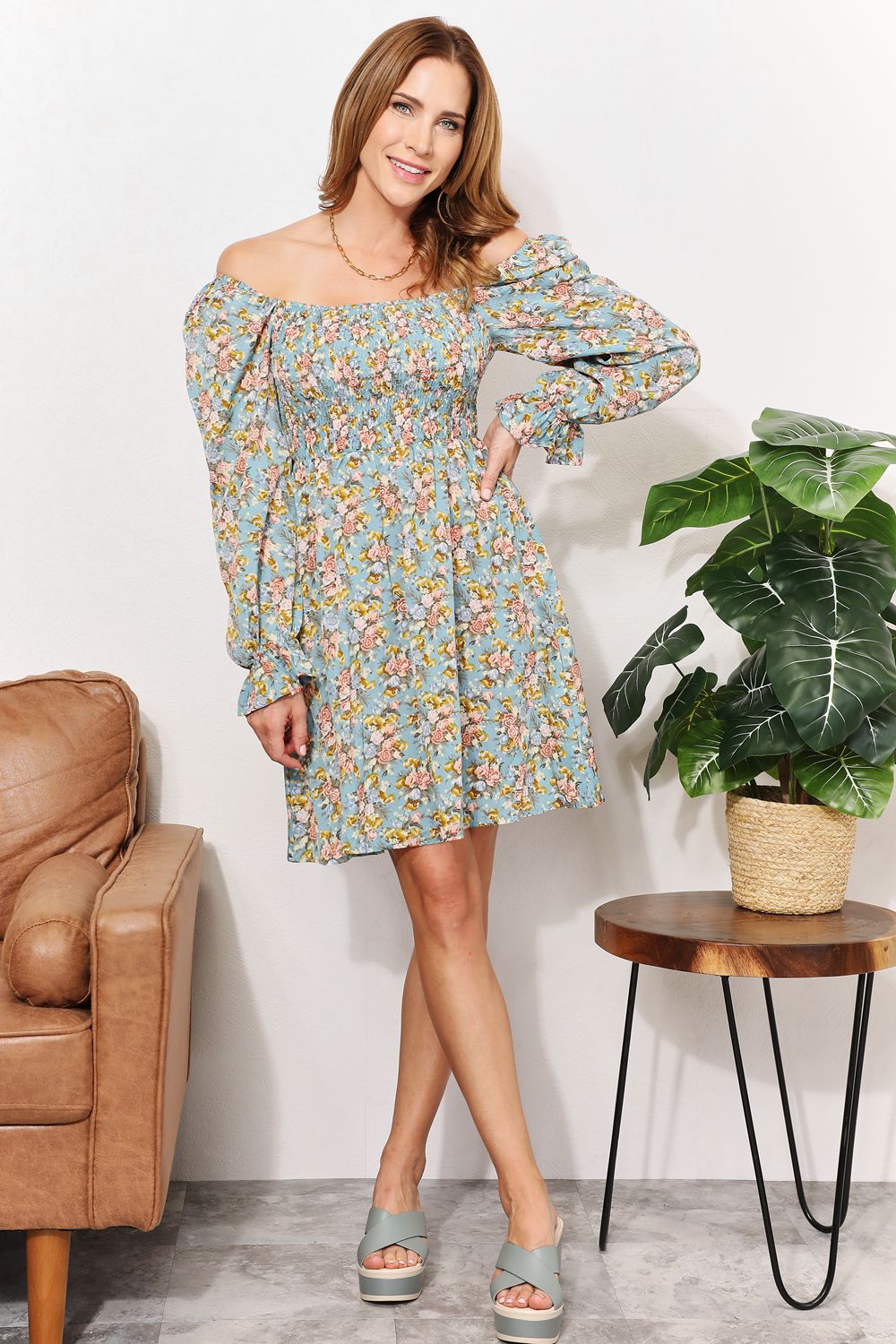 Honey Floral Smocked Flounce Sleeve Square Neck Dress